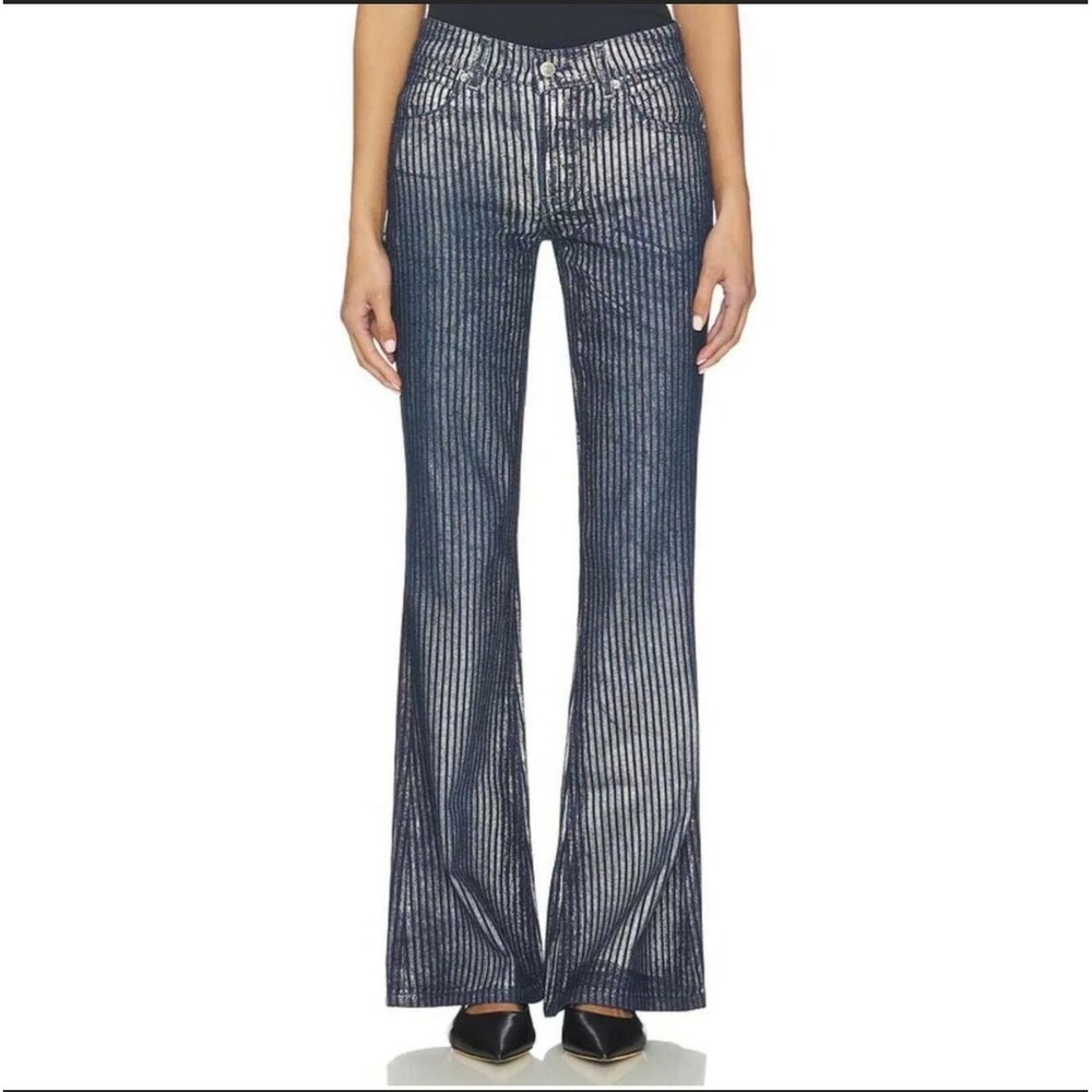 Free People x We The Free West Coast Flare Jeans Metallic Silver Blue Stripe 26